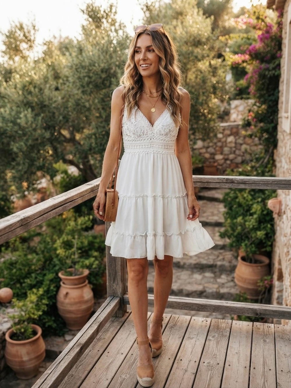 Ecowish White Lace Crochet V-Neck Tiered Ruffle Mini Dress Small S
